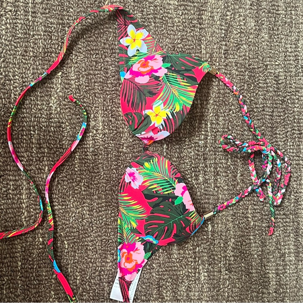 Tropical Floral Bikini Top - Pink & Green